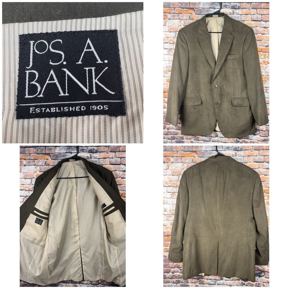 Jos A Bank 42 Long Brown Green Sports Coat Jacket Micropoly Suede 2-Button